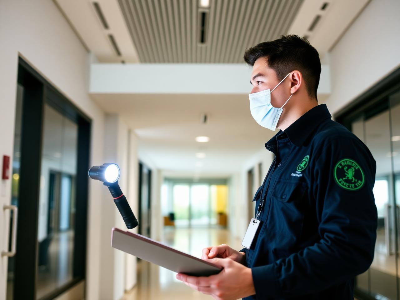 Commercial pest control technician inspecting a lobby