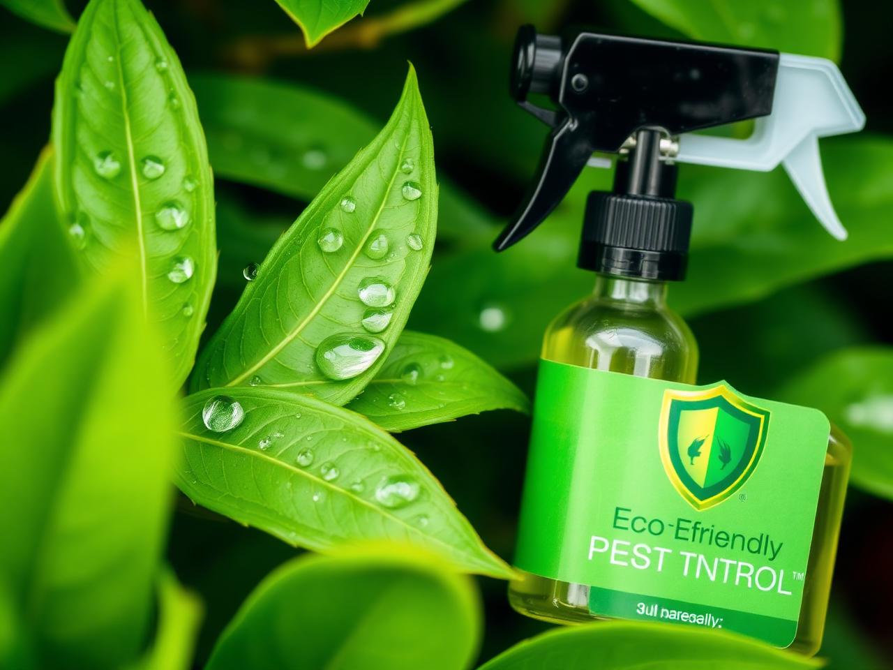 Eco-friendly pest control spray on fresh green leaves