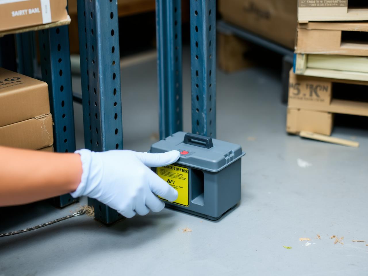 Technician placing a tamper-resistant rodent bait station